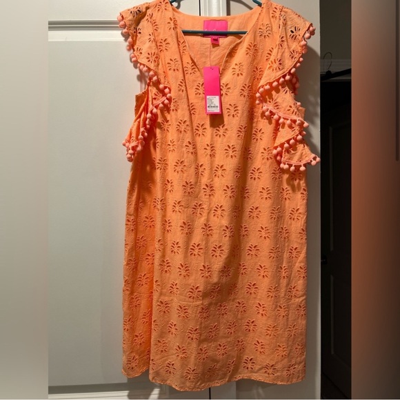 EUC Lilly Pulitzer Astara Palm Tree Eyelet Dress in Peachy Flamingo - Picture 1 of 3